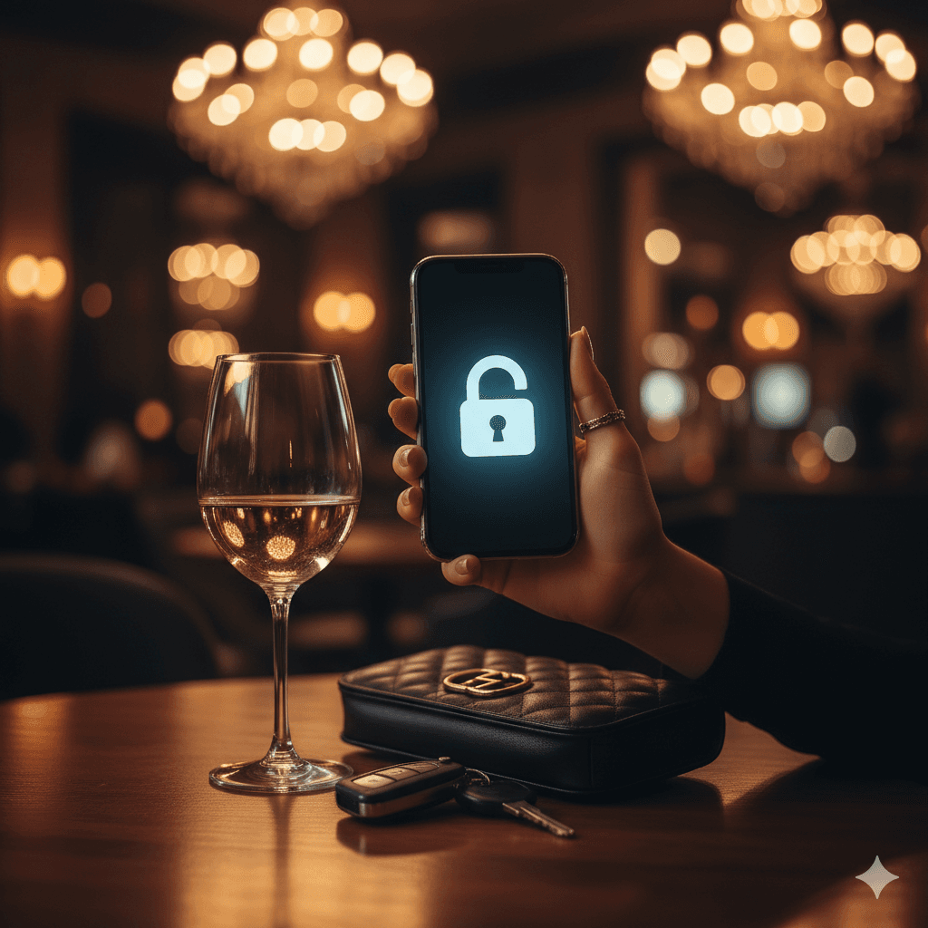 Kvinde holder smartphone med lås-ikon på elegant bar – sikker sugardating i Danmark